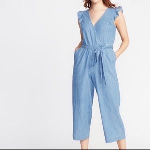 Chambray jumpsuit, ruffle sleeves, old navy